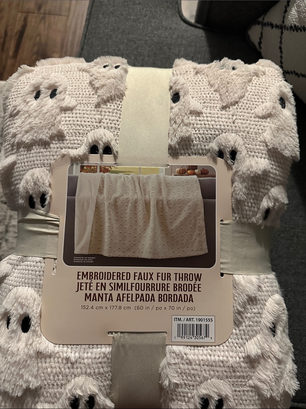 Embroidered Faux Fur Ghost Throw Blanket - Cream